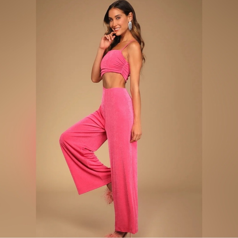 NEW Lulus Hot Pink Cutout Wide-Leg Jumpsuit - Picture 5 of 8
